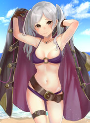  armpits arms_up belt belt_buckle bikini black_coat blue_sky blush breasts brown_eyes brown_gloves buckle cleavage closed_mouth cloud coat collarbone cowboy_shot day female fire_emblem fire_emblem_awakening fire_emblem_heroes gloves grey_hair haru_(nakajou-28) highres jewelry lens_flare long_hair looking_at_viewer medium_breasts navel necklace o-ring o-ring_bikini o-ring_top open_clothes open_coat outdoors parted_bangs purple_bikini robin_(female)_(fire_emblem) robin_(female)_(summer)_(fire_emblem) robin_(fire_emblem) sky smile solo stomach swimsuit thigh_strap twintails underboob undressing 