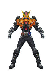  1boy absurdres armor black_bodysuit black_footwear black_gloves bodysuit boots flying geiz_revive geiz_revive_goretsu gloves highres holding holding_weapon horns hourglass kamen_rider kamen_rider_geiz kamen_rider_zi-o_(series) knee_up male_focus official_alternate_costume orange_armor peihao_wang revive_ridewatch solo tokusatsu weapon yellow_eyes yellow_horns 