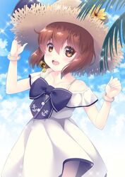  anchor_symbol beach blue_bow blue_sky bow bracelet brown_eyes brown_hair cloud cloudy_sky coconut_tree cowboy_shot dress eyebrows_hidden_by_hair female flower hat hat_ribbon headset highres jewelry kantai_collection looking_at_viewer official_alternate_costume outdoors palm_tree ribbon short_hair sky sleeveless sleeveless_dress smile solo sparkle speaking_tube_headset sun_hat sundress sunflower sunlight tree tsukimochikuriko_(tsukimochi_k) white_dress yukikaze_(kancolle) yukikaze_(summer_mode)_(kancolle) 