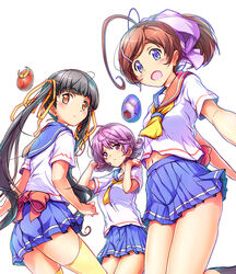  3girls ahoge antenna_hair aoki_ryuusei_spt_layzner black_hair blue_eyes blue_skirt bow bowtie brown_hair clip_studio_paint_(medium) comicstudio egg jumping kaede_kazuki kashi kuohin_shiori layzner looking_back looking_down miniskirt multiple_girls muteki_choujin_zambot_3 nanachi_maachi navel official_art orange_eyes photoshop_(medium) purple_eyes purple_hair school_uniform serafuku skirt sun_musume:_girl&#039;s_battle_bootlog sunrise_(company) thighhighs twintails white_background zambot_3 zettai_ryouiki 