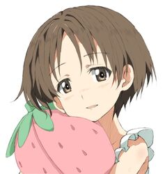  brown_eyes brown_hair commentary female girls_und_panzer girls_und_panzer_senshadou_daisakusen! holding holding_pillow kayabakoro looking_at_viewer maruyama_saki open_mouth pillow portrait short_hair simple_background sleepwear smile solo strawberry-shaped_pillow white_background 