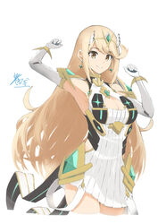  absurdres aotsuba bare_legs bare_shoulders blonde_hair breasts chest_jewel cleavage cleavage_cutout clothing_cutout dress earrings elbow_gloves female gloves highres jewelry large_breasts long_hair microdress mythra_(xenoblade) short_dress solo swept_bangs tiara very_long_hair white_dress white_gloves xenoblade_chronicles_(series) xenoblade_chronicles_2 yellow_eyes 