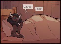  2_horns anthro bed bedding bedroom big_breasts black_border blanket blue_eyes border bovid bovine breasts brown_body brown_fur brown_hair dialogue dungeons_and_dragons english_text european_mythology female fur furniture greek_mythology hair hasbro hi_res horn horn_jewelry horn_ring huge_breasts inside inviting_under_covers jewelry looking_at_viewer lying mammal minotaur mythology necklace nexivian nihea_avarta nude on_bed on_side open_mouth pillow ring_(jewelry) solo text thick_thighs wizards_of_the_coast 