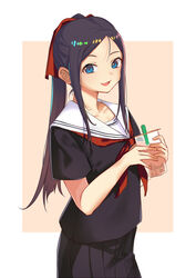  :d black_hair black_shirt black_skirt blue_eyes brown_background bubble_tea commentary_request cup disposable_cup drinking_straw female forehead hair_ribbon highres holding holding_cup itachi_kanade long_hair looking_at_viewer neckerchief oerba_yun_fang open_mouth original parted_bangs pleated_skirt ponytail red_neckerchief red_ribbon ribbon sailor_collar school_uniform serafuku shirt short_sleeves skirt smile solo two-tone_background very_long_hair white_background white_sailor_collar 