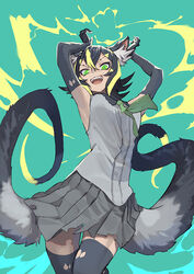  animal_ear_fluff animal_ears armpits arms_up black_gloves black_hair black_thighhighs blonde_hair cowboy_shot don3 electricity evil_smile fangs female gloves glowing glowing_eyes green_background green_eyes green_necktie grey_shirt grey_skirt hair_between_eyes kemono_friends kemono_friends_3 looking_at_viewer medium_hair miniskirt multicolored_hair multicolored_tail multiple_tails necktie open_mouth pleated_skirt raijuu_(kemono_friends) shirt simple_background skirt sleeveless sleeveless_shirt smile solo tail tan thighhighs torn_clothes torn_gloves torn_skirt torn_thighhighs two-tone_hair two_tails v-shaped_eyebrows zettai_ryouiki 