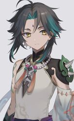  1boy ahoge arm_tattoo armor asymmetrical_clothes bead_necklace beads black_hair closed_mouth detached_sleeves diamond-shaped_pupils diamond_(shape) eyeshadow facial_mark forehead_mark genshin_impact green_hair highres jewelry looking_at_viewer makeup male_focus multicolored_hair necklace parted_bangs pendant red_eyeshadow short_hair short_hair_with_long_locks shoulder_armor shoulder_pads shoulder_spikes sidelocks simple_background single_bare_shoulder single_detached_sleeve slit_pupils solo spikes symbol-shaped_pupils tassel tattoo two-tone_hair unapoppo white_background xiao_(genshin_impact) yellow_eyes 