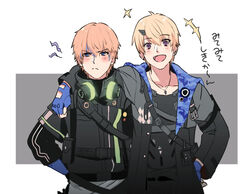  2boys :d arm_over_shoulder black_gloves black_jacket blonde_hair blue_eyes blue_gloves blush border brown_background camouflage camouflage_jacket closed_mouth cosplay costume_switch earrings gloves horns jacket jewelry kamui:_bastion_(punishing:_gray_raven) kamui_(punishing:_gray_raven) lee_(punishing:_gray_raven) long_sleeves looking_at_viewer multiple_boys necklace open_mouth orange_hair punishing:_gray_raven purple_eyes sachiko_y short_hair single_horn smile 