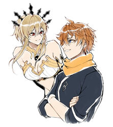  1boy bikini black_gloves black_jacket blonde_hair blue_eyes breasts brown_hair chaldea_logo cinanna008 cleavage collarbone cosplay crossed_arms earrings elbow_gloves english_commentary fate/grand_order fate_(series) female fujimaru_ritsuka_(male) fujimaru_ritsuka_(male)_(cosplay) fujimaru_ritsuka_(male)_(true_ether_chaldea_uniform) genshin_impact gloves hair_behind_ear hair_between_eyes headdress highres ishtar_(fate) ishtar_(fate)_(cosplay) jacket jewelry looking_at_another looking_down looking_up lumine_(genshin_impact) midriff navel orange_scarf red_eyes scarf short_hair_with_long_locks smile swimsuit tartaglia_(genshin_impact) white_bikini 