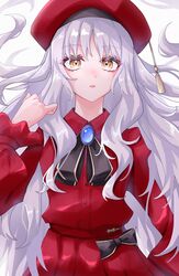  beret breasts brooch caren_hortensia caren_hortensia_(amor_caren) caren_hortensia_(amor_caren)_(second_ascension) dress fate/grand_order fate_(series) female hat highres jewelry long_hair long_sleeves looking_at_viewer neck_ribbon rain_(roromi) red_dress red_hat ribbon small_breasts solo wavy_hair white_hair yellow_eyes 