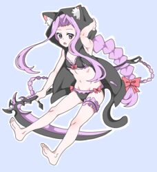  absurdres arm_behind_head bare_arms bare_legs bikini black_hoodie braid chains fate/grand_order fate_(series) female fujiwara_tatsuroo harpe highres hood hoodie medusa_(fate) medusa_(lancer)_(fate) purple_eyes purple_hair scythe swimsuit 