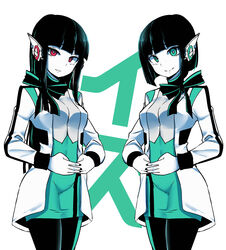  2girls absurdres aqua_eyes as_(kamen_rider_01) black_hair black_nails bow bowtie bright_pupils character_name highres humagear_headphones is_(kamen_rider_01) kamen_rider kamen_rider_01_(series) leggings long_hair matching_outfits multiple_girls pantyhose pencil_skirt red_eyes short_hair skirt togin white_pupils 