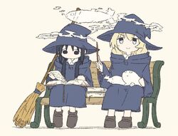  2girls alternate_costume bad_id bad_twitter_id bench black_eyes black_hair blonde_hair book book_stack broom chito_(shoujo_shuumatsu_ryokou) commentary creature fish floating full_body hat long_sleeves multiple_girls nuko_(shoujo_shuumatsu_ryokou) robe shoes shoujo_shuumatsu_ryokou simple_background smug tm_(utfp3372) wand witch witch_hat yuuri_(shoujo_shuumatsu_ryokou) 