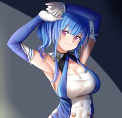  absurdres argyle_cutout armpits arms_up azur_lane bad_id bad_pixiv_id bare_shoulders blue_hair blush breasts buttons cleavage closed_mouth clothing_cutout collar commentary dress dvdraw elbow_gloves female gloves highres large_breasts long_hair looking_at_viewer metal_collar painttool_sai_(medium) purple_eyes sidelocks smile solo st._louis_(azur_lane) taut_clothes taut_dress two-tone_dress 