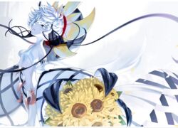  black_sclera colored_sclera colored_skin fate/grand_order fate_(series) female flower head_tilt highres looking_at_viewer md5_mismatch resolution_mismatch sleeves_past_elbows solo sunflower ub1mo van_gogh_(fate) van_gogh_(third_ascension)_(fate) white_eyes white_hair white_skin yellow_flower yellow_headwear 