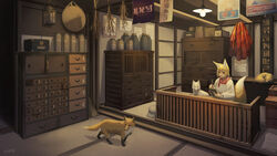  absurdres animal_ears apron architecture blonde_hair broom cabinet counter east_asian_architecture female fox fox_ears fox_girl fox_tail highres indoors kappougi original raito_(latek) short_hair solo tail tatami 