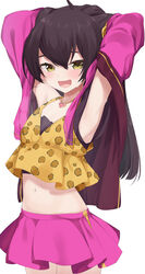  absurdres animal_print armpits arms_up black_hair blush breasts brown_shirt crop_top enri_madoka female hands_in_hair heart heart_necklace highres idolmaster idolmaster_cinderella_girls jacket jewelry leopard_print long_hair looking_at_viewer matoba_risa navel necklace pink_jacket pink_skirt shirt simple_background skirt small_breasts smile solo steam sweatdrop very_long_hair white_background yellow_eyes 