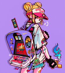  arcade_cabinet backpack bag bandaid black_gloves blonde_hair blue_fire blue_shorts bub_(bubble_bobble) bubble_bobble character_print commentary controller copyright_name cowboy_shot crisalys double_bun fatal_fury female fingerless_gloves fire from_behind game_console gloves hair_bun highres holding holding_lighter joystick lighter long_sleeves looking_at_viewer looking_back neo_geo original price_tag purple_background shadow shirt shorts simple_background snk solo white_shirt 