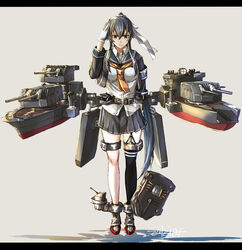  anti-aircraft_gun belt black_belt black_sailor_collar boots breasts cannon female full_body garter_straps gloves gradient_background grey_background hair_between_eyes hair_ribbon highres kantai_collection light_smile machinery medium_breasts neckerchief necktie orange_neckerchief pleated_skirt ponytail red_eyes ribbon sailor_collar sailor_shirt salute school_uniform seitei_(04seitei) serafuku shirt single_garter_strap single_thighhigh skirt smokestack solo thighhighs turret white_gloves yahagi_(kancolle) yahagi_kai_ni_(kancolle) 