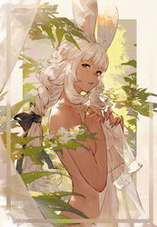  animal_ears bangs black_bow blue_eyes bow braid breasts bunny_ears commentary_request female final_fantasy final_fantasy_xiv hairbow highres junwool long_hair looking_at_viewer open_mouth sidelocks solo sunbathing upper_body viera white_hair 