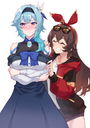  2girls absurdres alternate_costume amber_(genshin_impact) bare_shoulders blue_dress blue_hair blush bow bowtie breast_hold breasts brown_hair casual closed_eyes commentary_request crossed_arms dress embarrassed eula_(genshin_impact) eyewear_on_head genshin_impact hairband highres jacket kimi_tsuru large_breasts long_sleeves multiple_girls red_jacket shirt short_shorts shorts smile white_shirt 