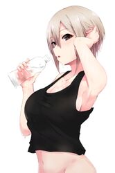  :o adjusting_hair arm_up black_eyes black_tank_top blush bottle breasts cleavage collarbone female grey_hair hair_between_eyes hand_in_own_hair highres holding holding_bottle idolmaster idolmaster_cinderella_girls large_breasts looking_at_viewer navel no_panties open_mouth ryuu. shiomi_syuko short_hair sideboob sidelocks simple_background sleeveless sweat sweatdrop tank_top upper_body water_bottle white_background 