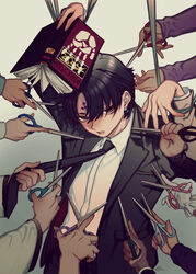  1boy black_hair black_necktie black_pants black_suit book chrollo_lucilfer collared_shirt cross dress_shirt earrings facial_mark forehead_mark formal gloves handprint hands_up holding holding_book holding_scissors hunter_x_hunter jewelry long_sleeves looking_at_viewer male_focus motakokun necktie necktie_grab neckwear_grab nen_(hunter_x_hunter) open_book out_of_frame pants parted_bangs restrained scissors shirt short_hair solo_focus suit upper_body white_gloves white_shirt wide_sleeves 