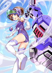  aoki_ryuusei_spt_layzner blue_eyes boots brown_hair clenched_hands clip_studio_paint_(medium) comicstudio elbow_gloves female flying from_below gloves kashi layzner looking_down mecha_musume nanachi_maachi official_art photoshop_(medium) school_swimsuit sun_musume:_girl&#039;s_battle_bootlog sunrise_(company) swimsuit thigh_boots thighhighs tied_hair 