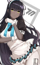  ahoge apron black_hair blue_archive blue_bow blue_bowtie bow bowtie breasts closed_mouth cowboy_shot dark-skinned_female dark_skin female frilled_apron frills gaitoou gloves groin karin_(blue_archive) large_breasts leaning_to_the_side long_hair looking_at_viewer maid_headdress pantyhose petticoat puffy_short_sleeves puffy_sleeves ribbon short_sleeves solo white_apron white_background white_gloves white_pantyhose yellow_eyes 