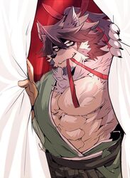  1boy abs animal_ears bad_id bad_twitter_id bara bare_pecs beige_fur brown_hair cowboy_shot curtain_grab curtains facial_hair furry goatee green_kimono green_pants hadanugi_dousa hair_between_eyes hakama_pants japanese_clothes kimono male_focus mature_male muscular muscular_male navel no_nipples oerba_yun_fang ohayashi55 pants pectorals short_hair solo stomach temujin_(tokyo_houkago_summoners) tokyo_houkago_summoners wolf_boy wolf_ears 