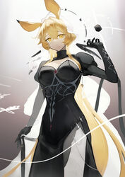  absurdres aiv animal_ears arknights black_dress blonde_hair breasts closed_mouth dorothy_(arknights) dorothy_(hand_of_destiny)_(arknights) dress female gradient_background highres large_breasts long_hair looking_at_viewer mouse_ears official_alternate_costume solo standing yellow_eyes 