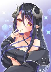  bandeau belt black_bandeau black_belt black_hair black_jacket blue_belt blue_hair blush breasts brown_eyes brown_nails chest_belt cleavage commentary_request curled_horns demon_girl demon_horns female fingernails gradient_background grey_horns hair_between_eyes hand_to_own_mouth hebiyoi_tier hebiyoi_tier_(1st_costume) highres horns jacket large_breasts long_bangs long_hair long_sleeves looking_at_viewer multicolored_hair nanashi_inc. off_shoulder open_clothes open_jacket open_mouth pointy_ears purple_background sidelocks smile solo sparkle two-tone_hair upper_body usaba_(usabara_c) virtual_youtuber 