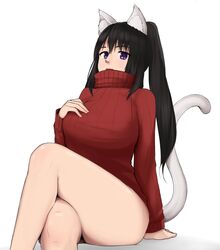  animal_ear_fluff animal_ears arm_support bad_id bad_twitter_id bakeneko black_hair bottomless breasts cat_ears cat_girl cat_tail clip_studio_paint_(medium) commentary crossed_legs english_commentary female hand_on_own_chest high_ponytail highres krita_(medium) large_breasts long_hair looking_at_viewer no_pants noihara_himari omamori_himari open_mouth ponytail purple_eyes red_sweater simple_background sitting slit_pupils solo suma_(sumairuzu) sweater tail thighs turtleneck turtleneck_sweater white_background 