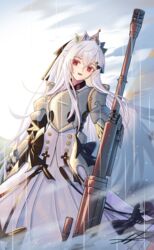  adapted_costume anti-materiel_rifle armor armored_dress bolt_action female gauntlets girls&#039;_frontline grey_hair gun highres iws_2000_(girls&#039;_frontline) knight long_hair red_eyes rifle sniper_rifle solo steyr_iws_2000 unitaka very_long_hair weapon white_hair 