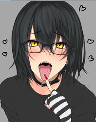  1boy alternate_costume black_hair blush collar commentary_request fangs glasses grey_background hair_between_eyes heart karasu_(jjwh2832) looking_at_viewer male_focus mashiro_meme nijisanji open_mouth oral_invitation simple_background slit_pupils solo teeth tongue tongue_out upper_body virtual_youtuber yellow_eyes 