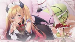  black_horns black_skirt blonde_hair blue_eyes blush breasts checkerboard_cookie cherry cleavage closed_mouth commentary_request cookie demon_girl demon_horns demon_tail demon_wings detached_sleeves feet_up female finger_to_mouth food frilled_shirt frilled_skirt frilled_sleeves frills fruit full_body gradient_hair grapes heart high-waist_skirt highres hololive horn_ornament horn_ring horns large_breasts layered_sleeves long_hair long_sleeves looking_at_viewer lying maid_headdress makinan multicolored_hair no_shoes official_alternate_costume official_alternate_hairstyle official_art on_stomach pink_hair pointy_ears red_hair see-through see-through_cleavage shirt shushing skirt smile solo strawberry sweets swept_bangs tail tail_around_own_leg the_pose thighhighs thumbprint_cookie tiered_tray twintails virtual_youtuber white_shirt white_thighhighs wings yuzuki_choco yuzuki_choco_(maid) 