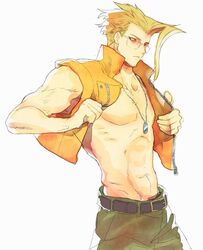  1boy ahoge belt black_belt blonde_hair charlie_nash commentary_request cowboy_shot dog_tags glasses green_pants male_focus md5_mismatch muscular muscular_male open_clothes open_vest orange_vest pants reversed simple_background solo stomach street_fighter street_fighter_zero_(series) tanakalma vest white_background 