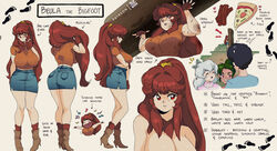  1boy 3girls bad_singing beula_the_bigfoot bluethebone boots breasts brown_footwear brown_fur brown_hair character_name character_profile chiwan_the_chupacabra commentary denim denim_skirt dirty dirty_clothes english_commentary english_text food footprints high_heel_boots high_heels highres large_breasts long_hair looking_at_viewer miniskirt monith_the_moth_girl monster_girl multiple_girls multiple_views music original personification pizza pointy_ears ponytail red_eyes retro_artstyle short_sleeves singing skirt thick_eyebrows very_long_hair wide_hips 