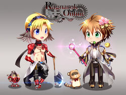  2boys :d armor armored_boots axe bare_pectorals bell belt bird black_belt black_gloves black_pants blonde_hair blue_eyes blue_hairband blush boots bow bowtie brown_hair chains chibi chick closed_mouth clothes_around_waist clover coat commentary_request copyright_name english_text engrish_text feathers flower four-leaf_clover full_body gauntlets glint gloves grey_background grey_coat grey_jumpsuit hair_bell hair_flower hair_ornament hairband hand_on_own_hip holding holding_axe holding_staff jewelry jingle_bell jumpsuit jumpsuit_around_waist long_sleeves machine male_focus mechanic_(ragnarok_online) mouth_hold multiple_boys necklace nip_sakazuki open_mouth pants pauldrons pectorals pink_flower raccoon ragnarok_online ranguage shirt short_hair shoulder_armor smile sparkle staff standing star_(symbol) warlock_(ragnarok_online) white_shirt 