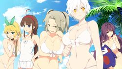  5girls :3 absurdres ahoge bebe-tan between_legs bikini black_bow black_ribbon blonde_hair blue_eyes blush bow braid breasts brown_hair cleavage clenched_hand cloud collar collarbone curvy day dress_swimsuit drooling game_cg glasses green_bow green_eyes groin hair_between_eyes hair_ribbon hairband hairbow hand_between_legs hand_on_own_hip heterochromia highres holding holding_leash huge_breasts imu_(senran_kagura) large_breasts leash linea_alba long_hair masochism miyabi_(senran_kagura) multiple_girls murasaki_(senran_kagura) navel official_art one-piece_swimsuit open_mouth palm_leaf palm_tree purple_eyes purple_hair red_hairband ribbon ryoubi_(senran_kagura) ryouna_(senran_kagura) senran_kagura senran_kagura_estival_versus senran_kagura_shinovi_versus short_hair single_braid sky slit_pupils small_breasts smile stuffed_toy swimsuit third-party_source tree twintails very_long_hair white_bikini white_bow white_hair white_one-piece_swimsuit yaegashi_nan yellow_eyes yuri 