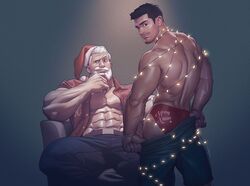  2boys abs ass bara bare_pectorals beard belt black_hair black_pants black_shorts christmas christmas_lights clothes_pull facial_hair hat large_pectorals male_focus male_underwear male_underwear_peek mature_male merry_christmas multiple_boys muscular muscular_male navel nipples open_clothes open_shirt original pants pectorals red_male_underwear red_shirt santa_hat shirt short_hair shorts shorts_pull silverjow sitting smile topless_male ulric_(silverjow) underwear wei_(silverjow) white_hair 