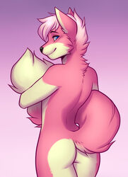  2021 anthro ass blue_eyes butt_focus canid canine canis femboy fluffy fluffy_tail fur hi_res lazzie lockworkorange looking_at_viewer looking_back male mammal nude pink_body pink_fur playful seductive simple_background slim smile solo standing tail tail_hug white_body wolf 