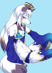  1boy animal_ears animal_nose bare_shoulders blue_background body_fur commentary_request daji_(fullbokko_heroes) detached_sleeves flat_chest fox_boy fox_ears fox_tail fullbokko_heroes furry furry_male genderswap_(ftm) hair_between_eyes long_hair long_sleeves looking_at_viewer male_focus navel otoko_no_ko rule_63 ruri_tsubame simple_background sitting snout solo tail thighhighs white_fur white_hair yellow_eyes 