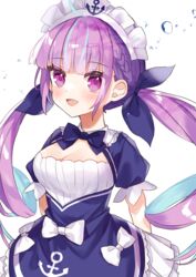  :d absurdres bad_id bad_pixiv_id blue_bow blue_bowtie blue_dress blue_hair blush bow bowtie braid breasts cleavage cleavage_cutout clothing_cutout colored_inner_hair commentary dot_nose dress drill_hair female hairbow highres hololive long_hair looking_at_viewer maid_headdress medium_breasts minato_aqua minato_aqua_(1st_costume) multicolored_hair noi_mine puffy_short_sleeves puffy_sleeves purple_eyes purple_hair short_sleeves simple_background smile solo symbol-only_commentary twin_drills twintails two-tone_hair very_long_hair virtual_youtuber white_background white_bow 