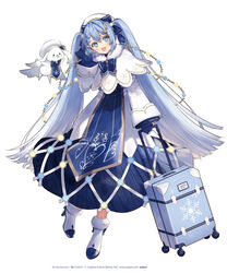  aqua_eyes bass_clef beret blue_bow blue_gloves blue_hair blue_tabard boots bow bowtie commentary crypton_future_media female full_body fur-trimmed_boots fur-trimmed_collar fur_trim gloves gold_trim hair_ornament hairbow hat hatsune_miku high_heel_boots high_heels highres light_blue_hair long_hair looking_at_viewer musical_note musical_note_hair_ornament necomi official_art open_mouth rabbit rabbit_yukine rolling_suitcase simple_background snowflake_print suitcase tabard treble_clef twintails very_long_hair vocaloid white_background white_footwear white_headwear yuki_miku yuki_miku_(2021) 