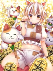  :3 absurdres animal_ears brown_eyes brown_hair calico cat_ears cat_girl clenched_hand closed_mouth coin commentary_request female goutokuji_mike highres looking_at_viewer maneki-neko multicolored_clothes multicolored_hair multicolored_shirt multicolored_shorts navel puffy_short_sleeves puffy_sleeves short_hair short_sleeves shorts sitting smile solo streaked_hair suigetsu_(watermoon-910) touhou white_hair 