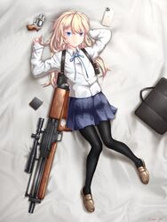  absurdres bag blonde_hair blue_eyes bullpup cellphone ceramic_plate chiappa_rhino colored_eyelashes female gun highres iphone_11_pro long_hair lying on_back on_bed original pantyhose phone pleated_skirt rifle skirt smartphone sniper_rifle solo very_long_hair walther walther_wa_2000 weapon 