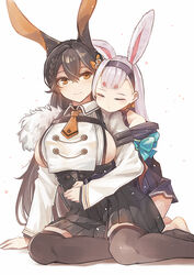  2girls animal_ears azur_lane bare_shoulders black_skirt black_thighhighs braid breast_curtain breasts brown_hair chikuma_(azur_lane) closed_eyes dress hair_between_eyes high-waist_skirt long_hair looking_at_viewer mole mole_under_mouth multiple_girls necktie orange_necktie pleated_skirt purple_dress rabbit_ears sea_nami shimakaze_(azur_lane) side_braid sideboob skirt thighhighs zettai_ryouiki 