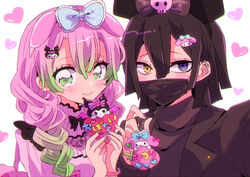  1boy alternate_costume animal_around_neck bandage_on_face bandages black_hair blush bow braid casual commentary_request dress female frilled_dress frills gradient_hair green_hair hairbow heart heterochromia iguro_obanai jitome kanroji_mitsuri kimetsu_no_yaiba kuromi mizumi_(mizmi) mole mole_under_eye multicolored_hair my_melody onegai_my_melody pink_hair purple_eyes retro_artstyle sanrio simple_background smile snake sweater tareme turtleneck turtleneck_sweater white_background white_snake yellow_eyes 