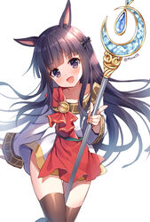  :d animal_ears black_hair black_thighhighs blunt_bangs collarbone commentary_request crescent dog_ears dog_girl dress female head_tilt holding holding_staff kasumi_(princess_connect!) korean_commentary long_hair long_sleeves mauve open_mouth pointing princess_connect! purple_eyes simple_background sleeves_past_wrists smile solo staff thighhighs twitter_username very_long_hair white_background white_dress wide_sleeves 