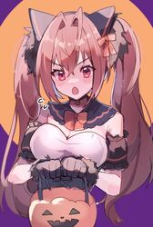  :o alternate_costume animal_ears black_gloves breasts brown_hair chiro_(chi-bu-ko) daiwa_scarlet_(umamusume) detached_collar female gloves hair_intakes halloween_costume happy_halloween highres horse_ears horse_girl jack-o&#039;-lantern large_breasts long_hair looking_at_viewer red_eyes solo twintails umamusume upper_body very_long_hair 